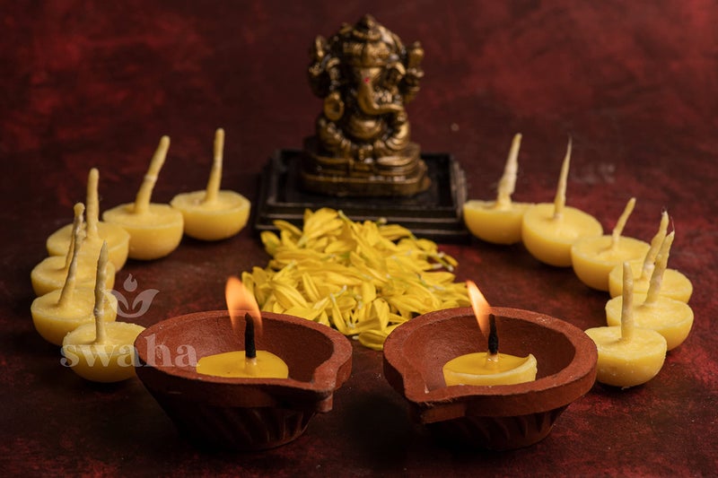Swaha Easy Diya ghee Wicks/Diya batti, 100 Pieces, 30 min Burning time, Wax Free, clarified Butter Wicks for Puja, Yoga & Meditation - Pack of 1 - Image 3
